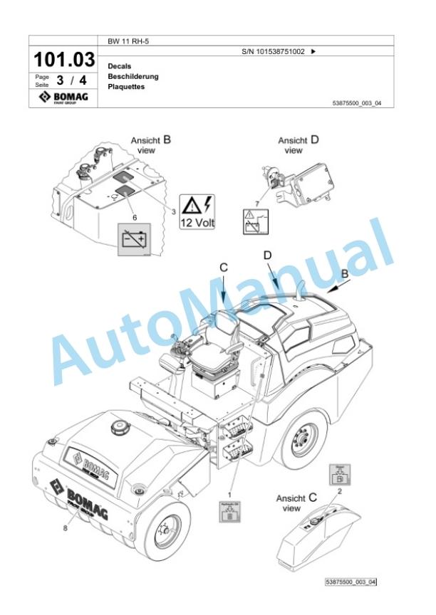 Bomag BW 11 RH-5 Pneumatic Tyred Roller Spare Parts Catalogue 00825665-2