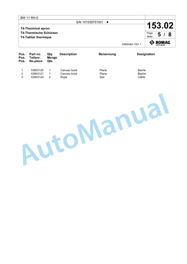 Bomag BW 11 RH-5 Pneumatic Tyred Roller Spare Parts Catalogue 00825665-4