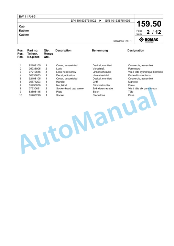 Bomag BW 11 RH-5 Pneumatic Tyred Roller Spare Parts Catalogue 00825665-5