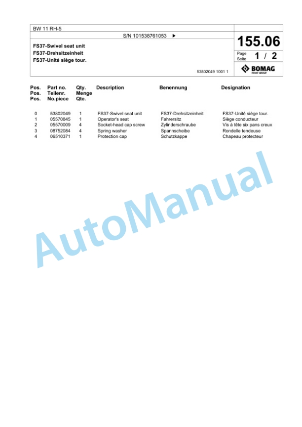 Bomag BW 11 RH-5 Pneumatic Tyred Roller Spare Parts Catalogue 00825667-4