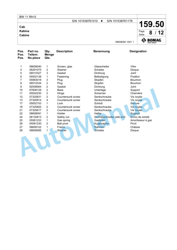 Bomag BW 11 RH-5 Pneumatic Tyred Roller Spare Parts Catalogue 00825667-5