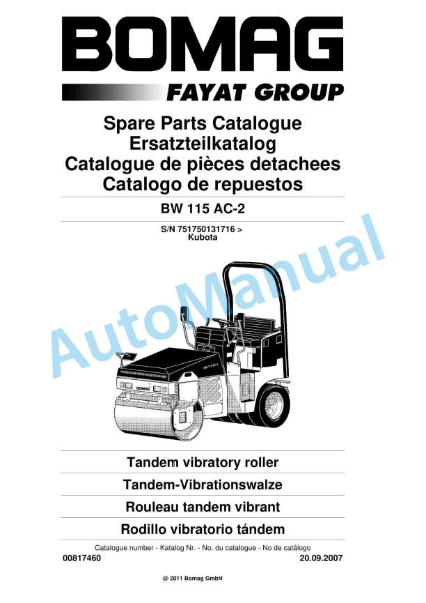 Bomag BW 115 AC-2 Tandem Vibratory Roller Spare Parts Catalogue 00817460