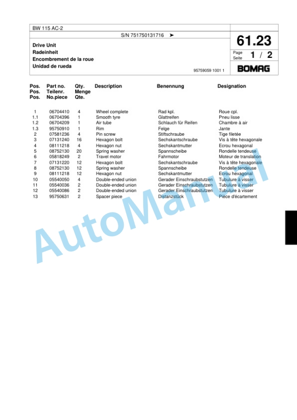 Bomag BW 115 AC-2 Tandem Vibratory Roller Spare Parts Catalogue 00817460-3