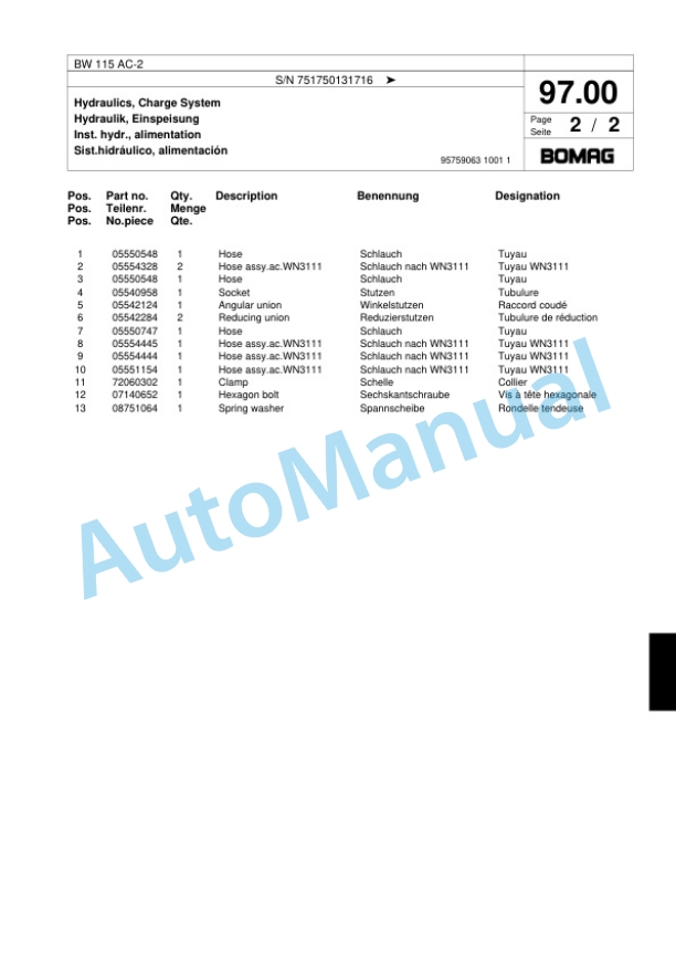 Bomag BW 115 AC-2 Tandem Vibratory Roller Spare Parts Catalogue 00817460-5
