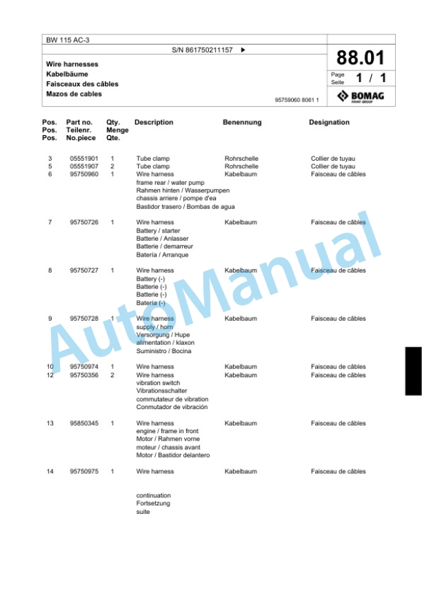 Bomag BW 115 AC-3 Tandem Vibratory Roller Spare Parts Catalogue 00818693-5