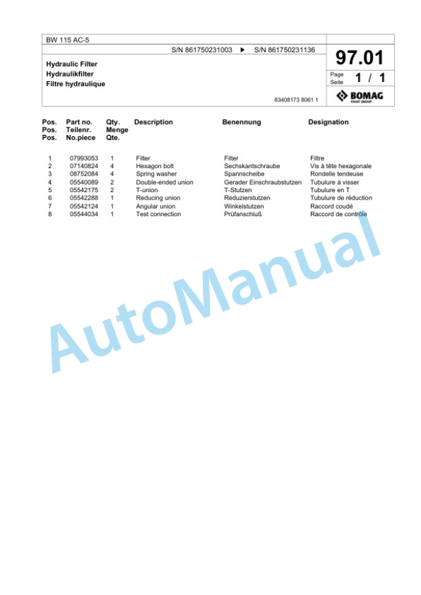 Bomag BW 115 AC-5 Tandem Vibratory Roller Spare Parts Catalogue 00824933-5