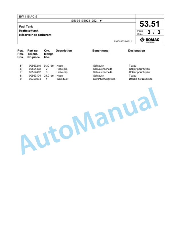 Bomag BW 115 AC-5 Tandem Vibratory Roller Spare Parts Catalogue 00826191-2