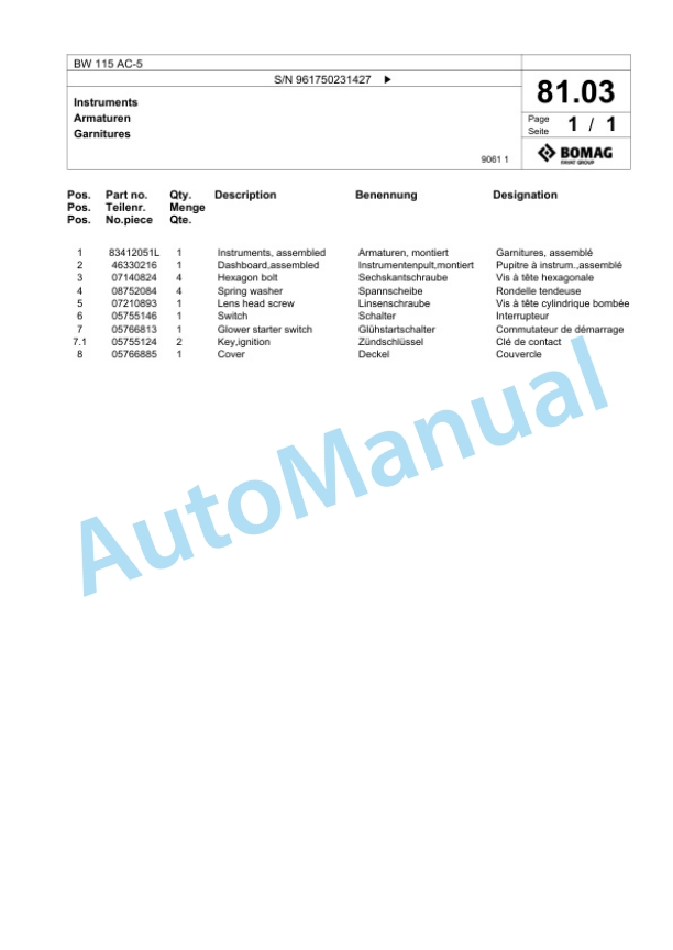Bomag BW 115 AC-5 Tandem Vibratory Roller Spare Parts Catalogue 00826191-3