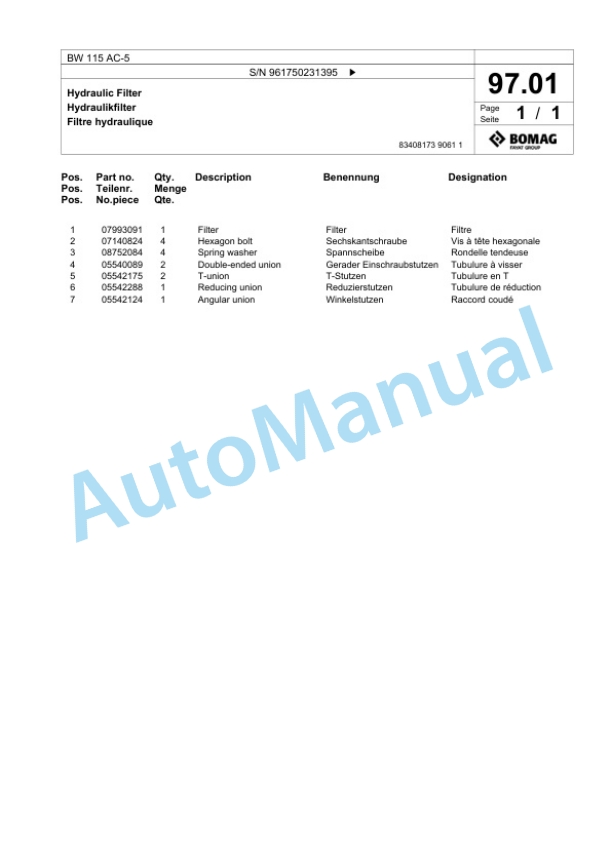 Bomag BW 115 AC-5 Tandem Vibratory Roller Spare Parts Catalogue 00826191-5