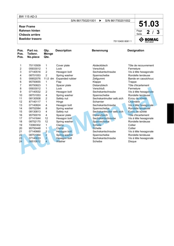 Bomag BW 115 AD-3 Tandem Vibratory Roller Spare Parts Catalogue 00818695-2
