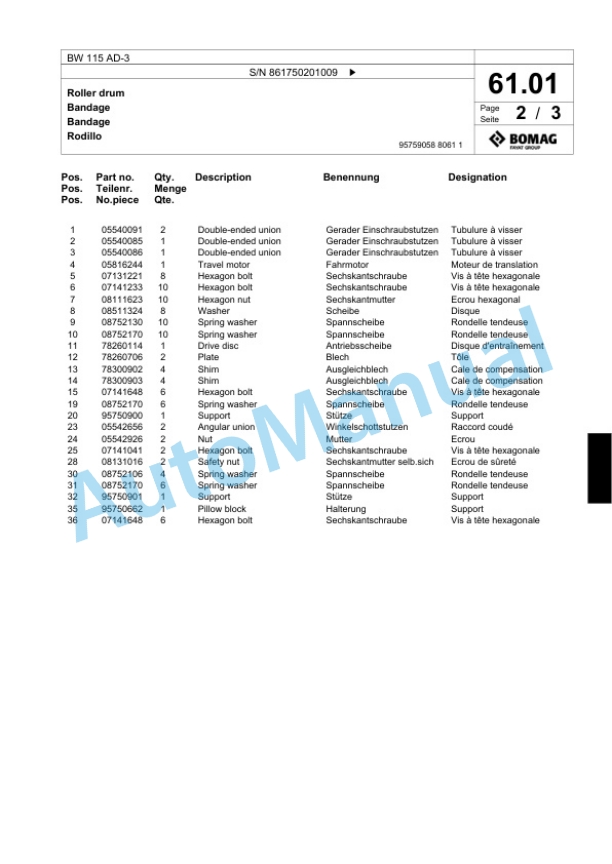 Bomag BW 115 AD-3 Tandem Vibratory Roller Spare Parts Catalogue 00818695-3