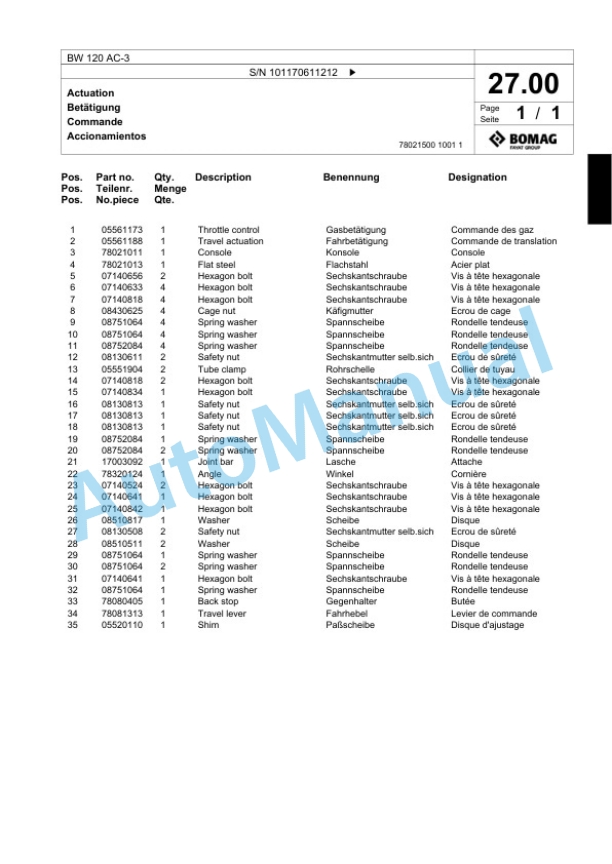 Bomag BW 120 AC-3 Combination Roller Spare Parts Catalogue 00817462-2