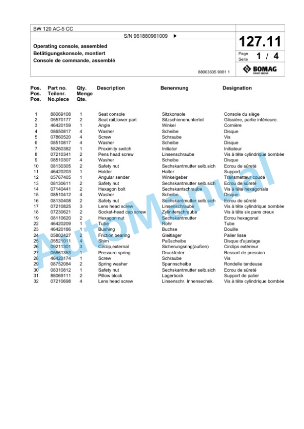 Bomag BW 120 AC-5 CC Combination Roller Spare Parts Catalogue 00827057-3