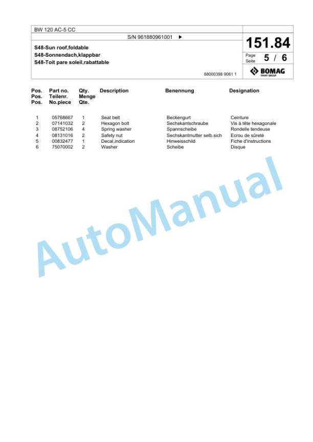 Bomag BW 120 AC-5 CC Combination Roller Spare Parts Catalogue 00827057-5