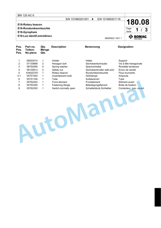 Bomag BW 120 AC-5 Combination Roller Spare Parts Catalogue 00824031-5