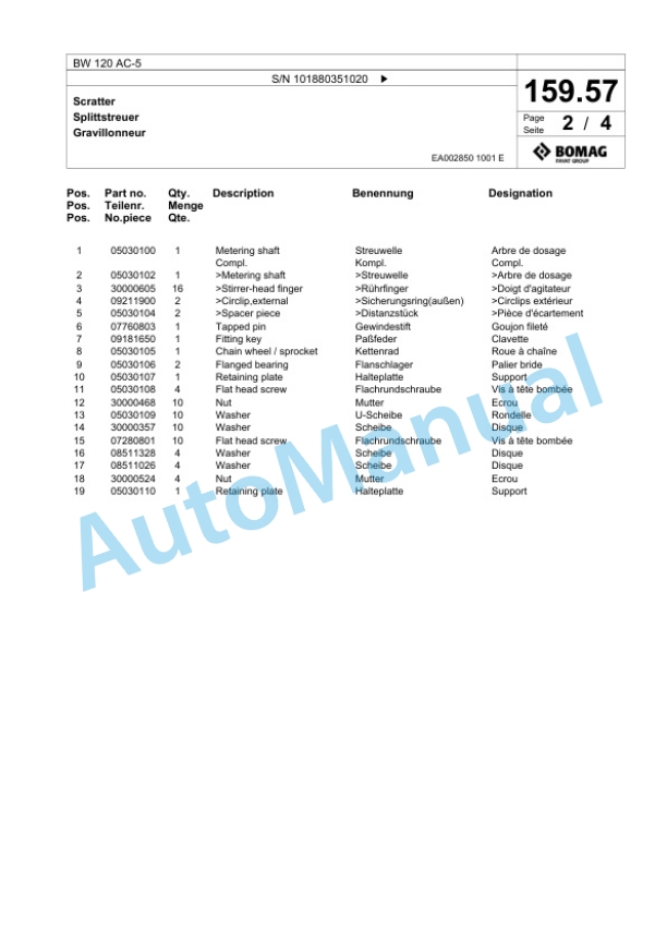 Bomag BW 120 AC-5 Combination Roller Spare Parts Catalogue 00824619-5