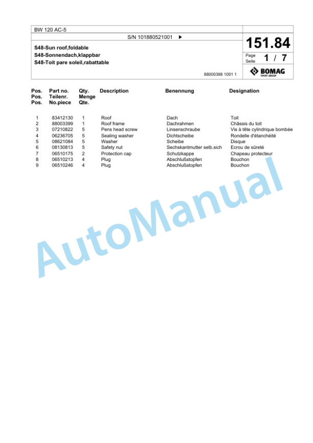 Bomag BW 120 AC-5 Combination Roller Spare Parts Catalogue 00825375-4