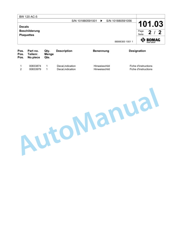 Bomag BW 120 AC-5 Combination Roller Spare Parts Catalogue 00825571-2