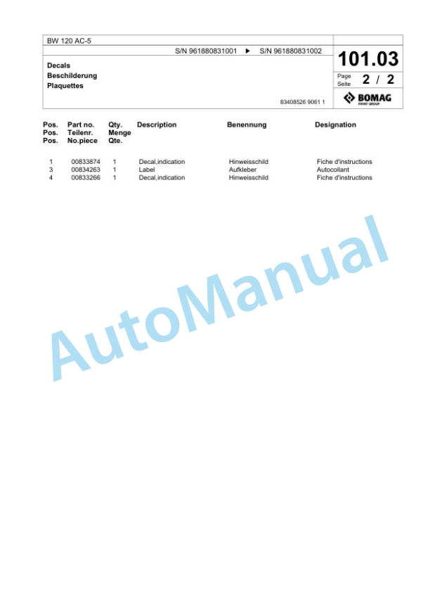 Bomag BW 120 AC-5 Combination Roller Spare Parts Catalogue 00826817-3