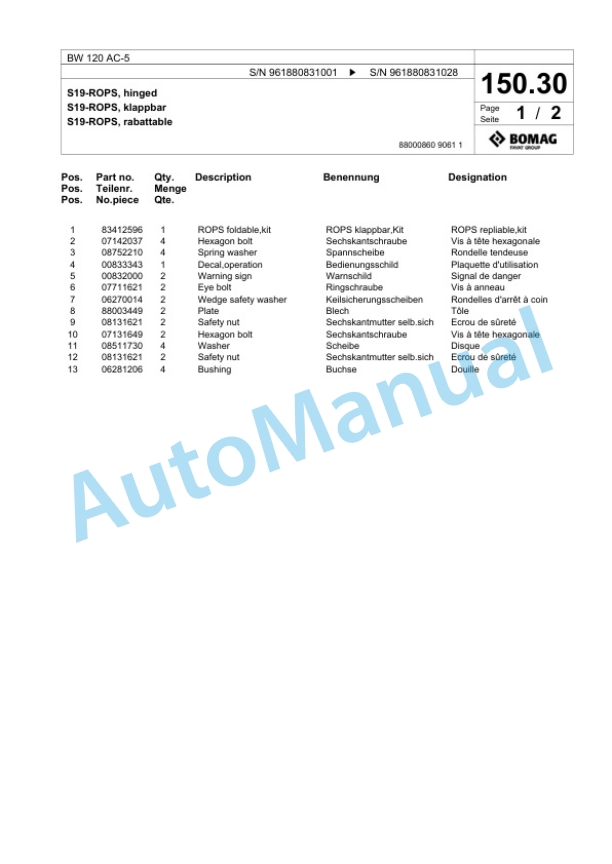Bomag BW 120 AC-5 Combination Roller Spare Parts Catalogue 00826817-4