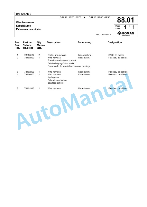 Bomag BW 120 AD-3 Combination Roller Spare Parts Catalogue 00817463-3