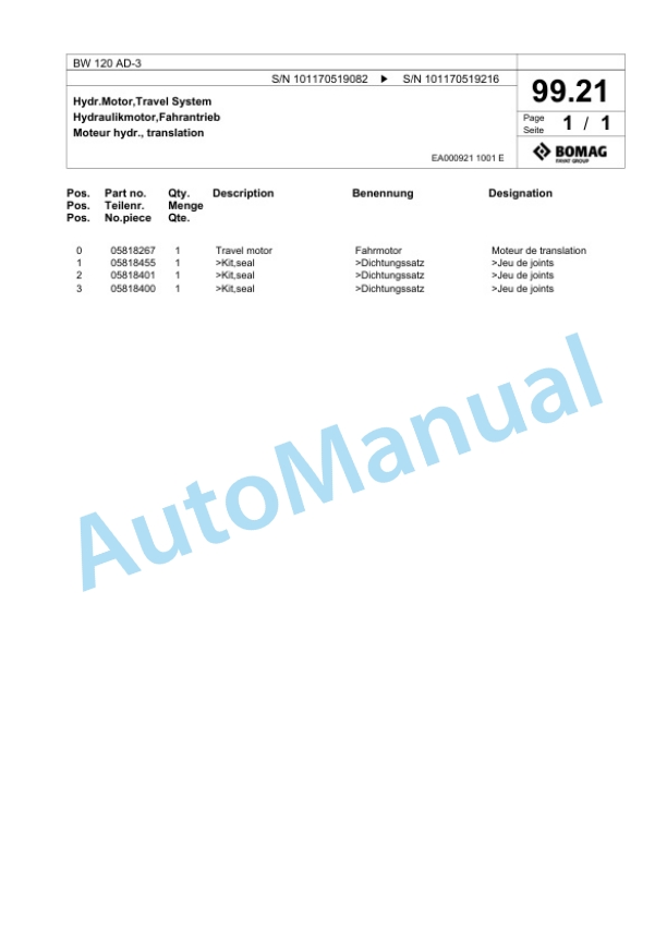 Bomag BW 120 AD-3 Combination Roller Spare Parts Catalogue 00817463-4