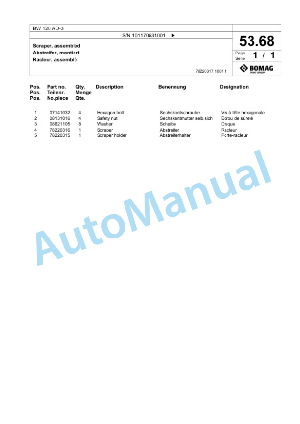Bomag BW 120 AD-3 Tandem Vibratory Roller Spare Parts Catalogue 00817831-3