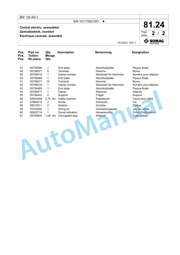 Bomag BW 120 AD-3 Tandem Vibratory Roller Spare Parts Catalogue 00817831-4