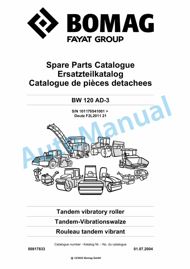 Bomag BW 120 AD-3 Tandem Vibratory Roller Spare Parts Catalogue 00817833