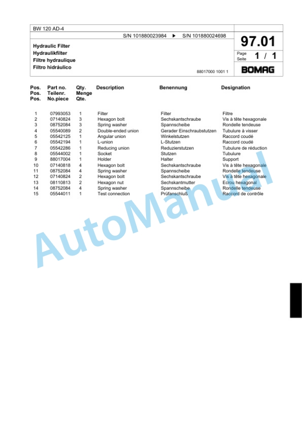Bomag BW 120 AD-4 Tandem Vibratory Roller Spare Parts Catalogue 00817689-3