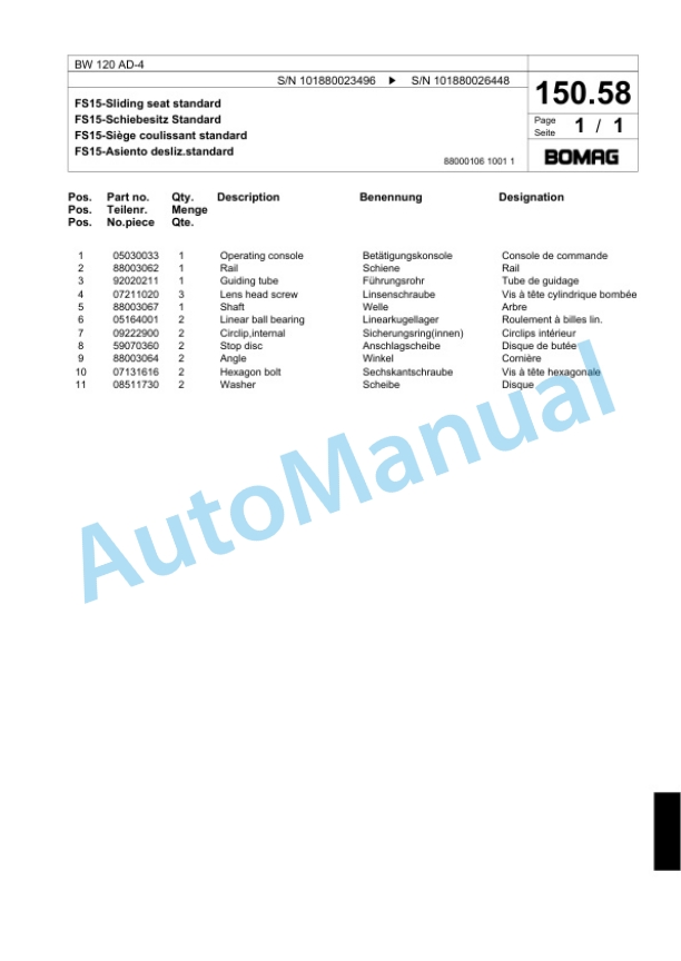 Bomag BW 120 AD-4 Tandem Vibratory Roller Spare Parts Catalogue 00817689-5