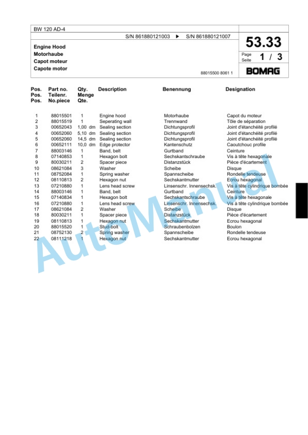 Bomag BW 120 AD-4 Tandem Vibratory Roller Spare Parts Catalogue 00818377-2
