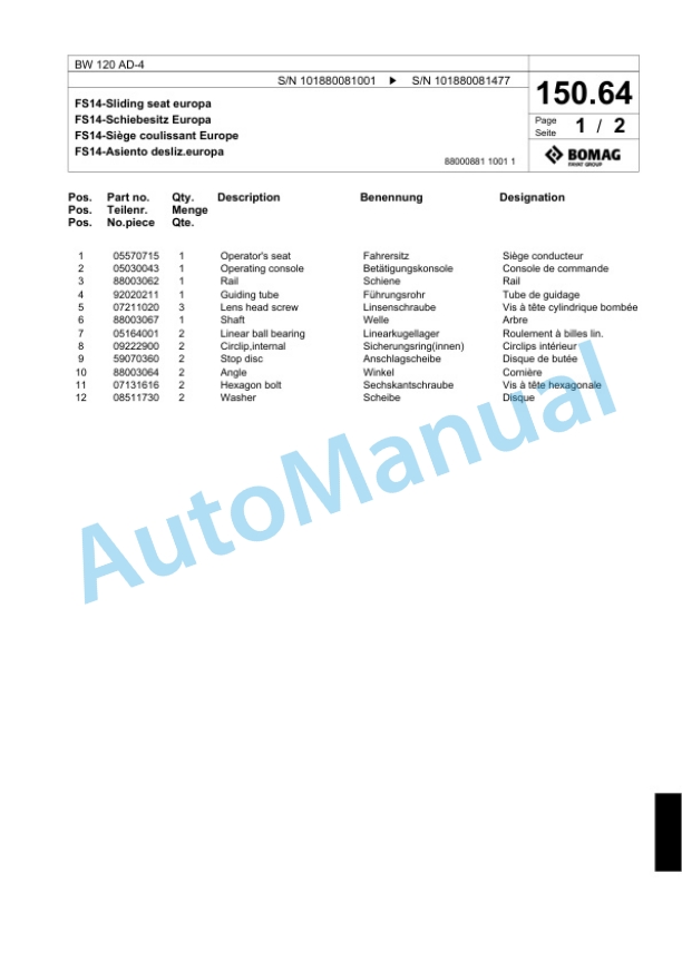 Bomag BW 120 AD-4 Tandem Vibratory Roller Spare Parts Catalogue 00818469-4