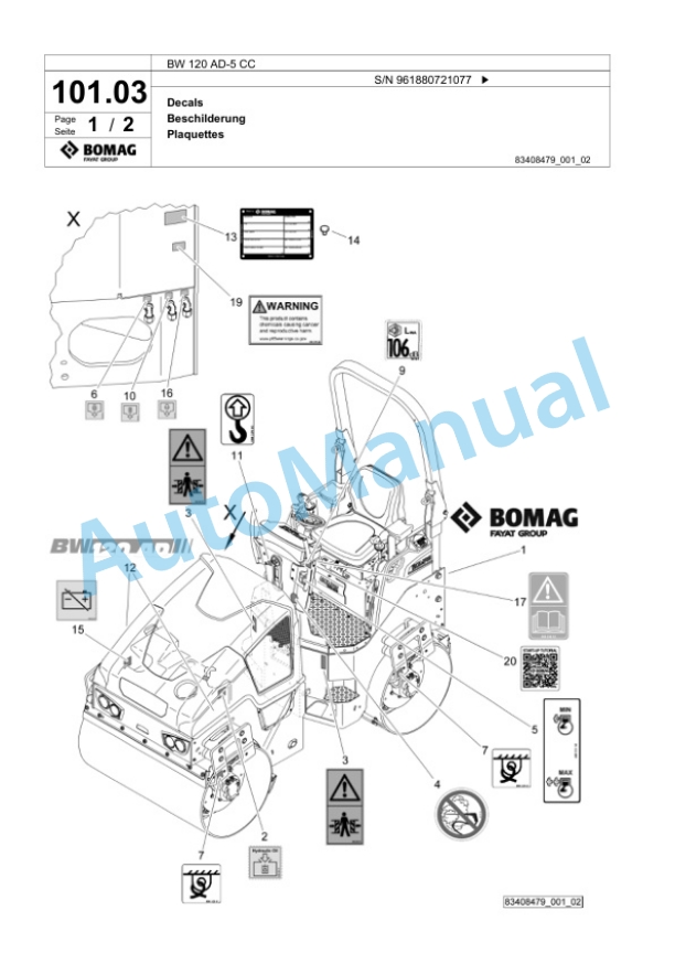 Bomag BW 120 AD-5 CC Tandem Vibratory Roller Spare Parts Catalogue 00826793-3