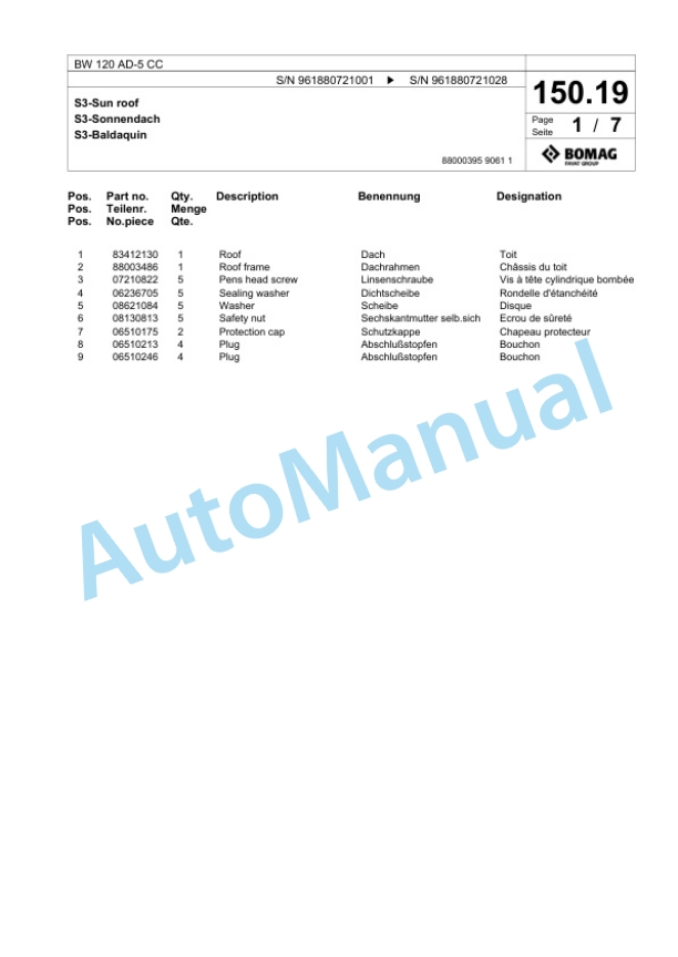 Bomag BW 120 AD-5 CC Tandem Vibratory Roller Spare Parts Catalogue 00826793-5