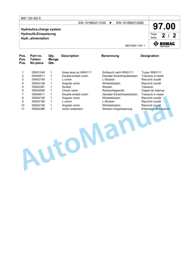 Bomag BW 120 AD-5 Tandem Vibratory Roller Spare Parts Catalogue 00824033-2