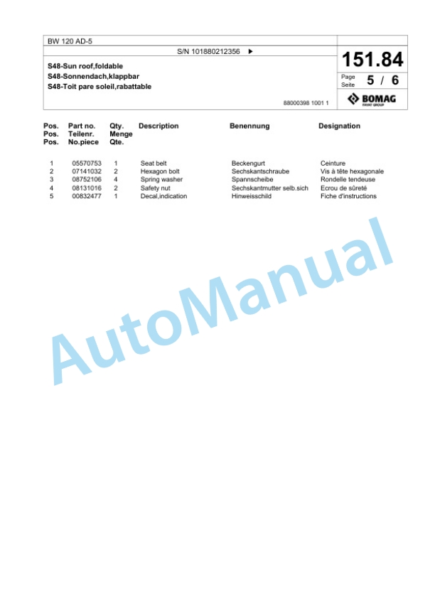 Bomag BW 120 AD-5 Tandem Vibratory Roller Spare Parts Catalogue 00824033-3
