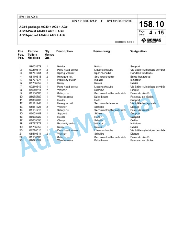 Bomag BW 120 AD-5 Tandem Vibratory Roller Spare Parts Catalogue 00824033-4