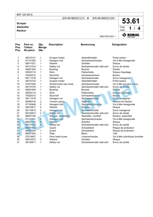 Bomag BW 120 AD-5 Tandem Vibratory Roller Spare Parts Catalogue 00824563-2
