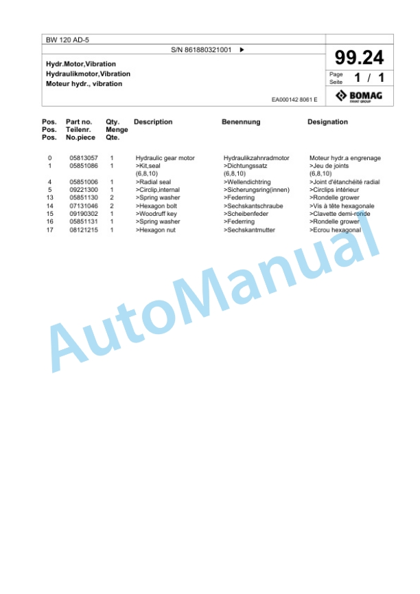 Bomag BW 120 AD-5 Tandem Vibratory Roller Spare Parts Catalogue 00824563-5