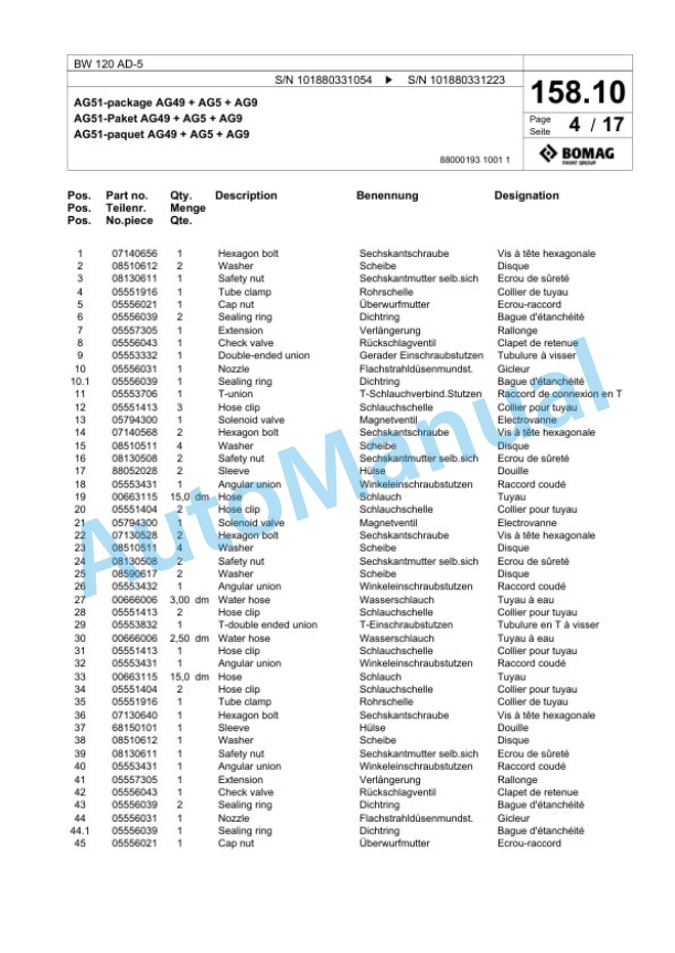 Bomag BW 120 AD-5 Tandem Vibratory Roller Spare Parts Catalogue 00824615-4