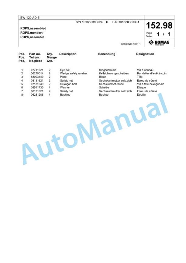 Bomag BW 120 AD-5 Tandem Vibratory Roller Spare Parts Catalogue 00824835-3