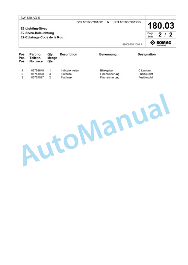 Bomag BW 120 AD-5 Tandem Vibratory Roller Spare Parts Catalogue 00824835-5