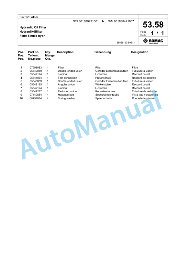 Bomag BW 120 AD-5 Tandem Vibratory Roller Spare Parts Catalogue 00824997-2