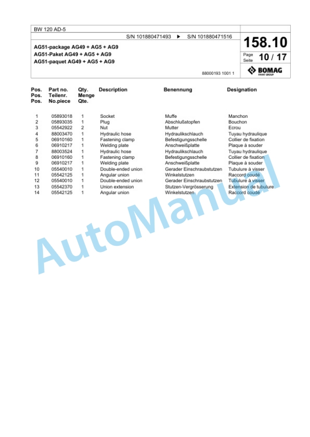 Bomag BW 120 AD-5 Tandem Vibratory Roller Spare Parts Catalogue 00825359-4