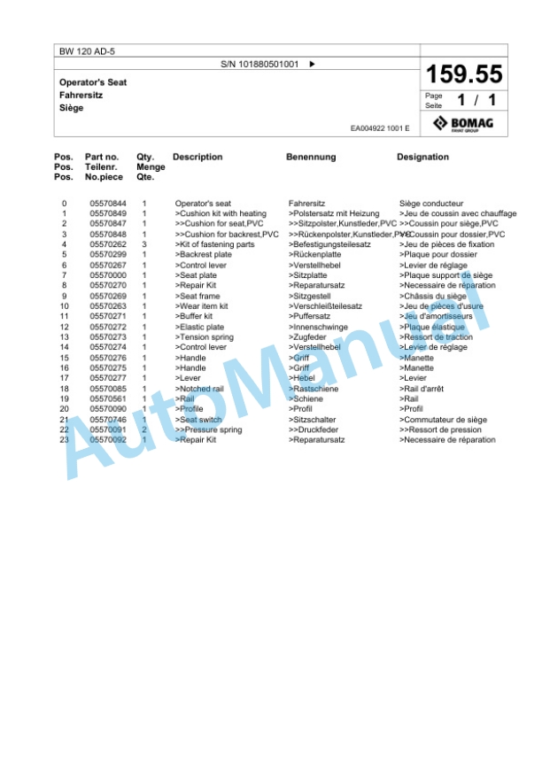 Bomag BW 120 AD-5 Tandem Vibratory Roller Spare Parts Catalogue 00825371-5