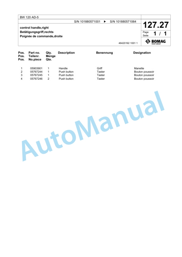 Bomag BW 120 AD-5 Tandem Vibratory Roller Spare Parts Catalogue 00825567-2