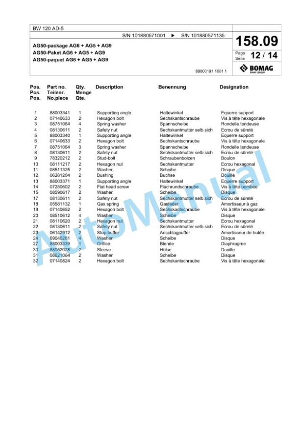 Bomag BW 120 AD-5 Tandem Vibratory Roller Spare Parts Catalogue 00825567-3