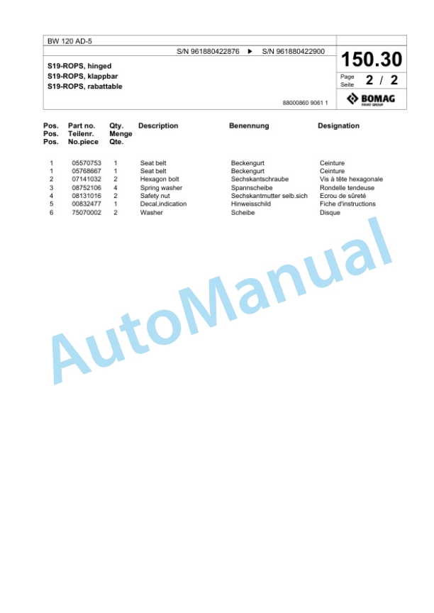 Bomag BW 120 AD-5 Tandem Vibratory Roller Spare Parts Catalogue 00826217-5