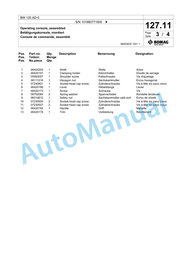 Bomag BW 120 AD-5 Tandem Vibratory Roller Spare Parts Catalogue 00826639-3